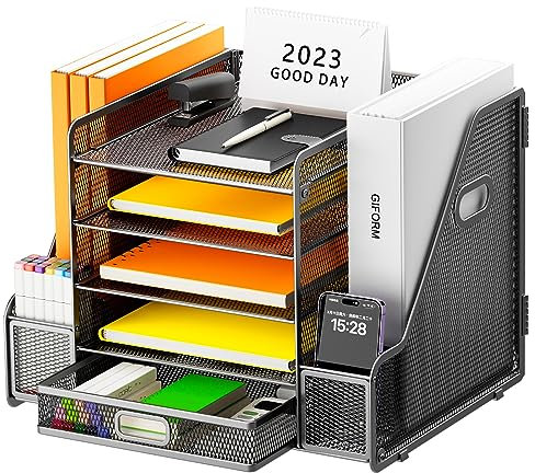 Restorgan Mesh Desk Organizer with File Holder 5-Tier Paper Letter Tray Organizer with Magazine Holder Desktop Organizer and Storage with Upright Sections for Office Supplies Home or School (Black)