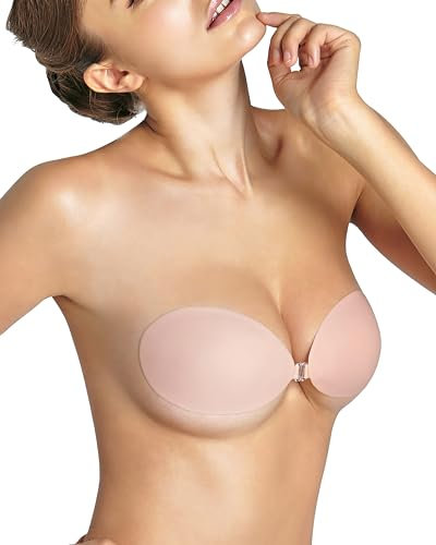 COOMFY Selbstklebender BH, trägerlos, klebrig, unsichtbar, Push-up-Silikon-BH für rückenfreies Kleid, hautfarben, Rosé, Large