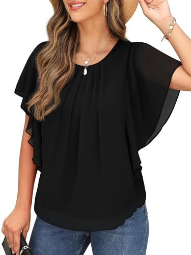 QIXING Womens Summer Blouses Casual Ruffle Sleeve Loose Round Neck Chiffon Flowy Ladies Tops Tunic for Women UK