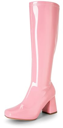 DREAM PAIRS Women's Gogo Boots Square Toe Chunky Wide Calf Knee High Boots,Size 6,Pink-Pat,SDKB2231W