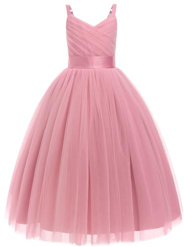 FYMNSI Robe de demoiselle d'honneur pour fille - Bretelles en V - Sans manches - Pour mariage, anniversaire, fête, princesse - Longue robe de soirée, Rose foncé, 12 ans