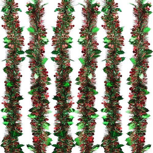 GEBETTER 6Pcs x 2m Guirnaldas Navidad, Espumillon Árbol Navidad, Oropel Hojas Verdes Bayas Rojas, Decoración Navideña Adorno Escalera Chimenea Pared Techo Ventana Hogar Fiesta Regalo (Verde Rojo)