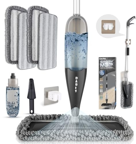 Schwarz Sprühwischer für Bodenreinigung mit 4 Premium waschbaren Pads, feucht und trocken, Mikrofaser-Bodenwischer, Sprays mit 800 ml nachfüllbarer Flasche für Haus, Küche, Holzboden, Hartholz,Laminat
