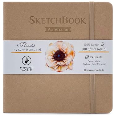 Mypaperworld quadratisch Aquarell Skizzenbuch 300 g/m² 100% Baumwolle, Aquarellpapier, 16x16cm säurefrei, 24 Blatt, 48 Seiten Kalt Gepresst- Beige