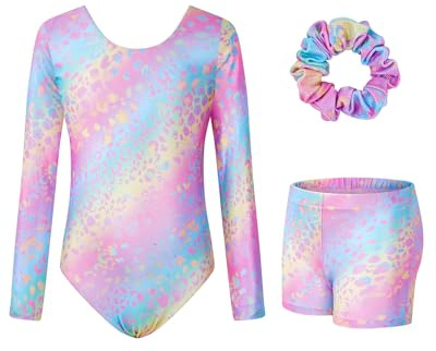 Surgoal Gymnastics Leotards for Girls with Short Long Sleeve Sparkle Ballet Dance Unitard Gymnastics Athletic Outfit 3Pcs for Kids 3-12 Years