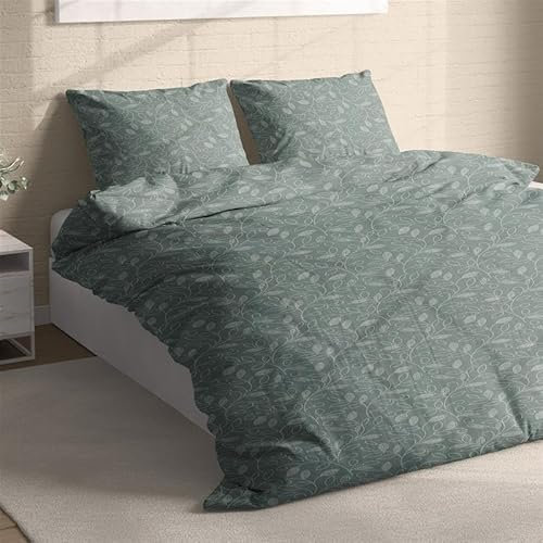Träumschön Biber Bettwäsche Set 4tlg 135 x 200 cm Grün – Blumen Ranken Design – Flauschige Winterbettwäsche - Bettbezug + Kissenbezug 80x80 cm - 100% Baumwolle