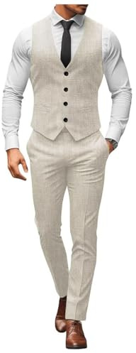 Ensemble 2 pièces gilet et pantalon en lin pour homme, coupe ajustée, simple boutonnage, gilets décontractés légers, beige, M