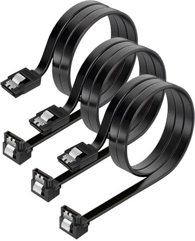 Tiryns 3 Pack SATA Cable III Straight to 90 Degree Right Angled 6Gbps Data Leads Locking Latch HDD SDD Data Cable Sata3 HDD Cord Metal Clip Type L Connector Compatible Up to Serial ATA/ 600 Black