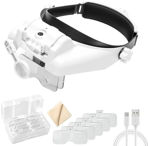 Förstoringsglas med ljus, pannband förstoringsglas, USB-laddning förstoringsglas med 3 LED-lampor och 2 justerbar ljusstyrka, pannbandslypp för modelltillverkning, läsning, juvelerare, hantverk, 1,0 x
