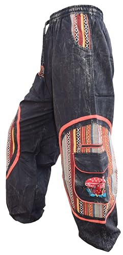 Gheri Mens Aztec Pocket Loose Fit Mushroom Embroidery Parachute Cargo Bohemian Pants Black L/XL