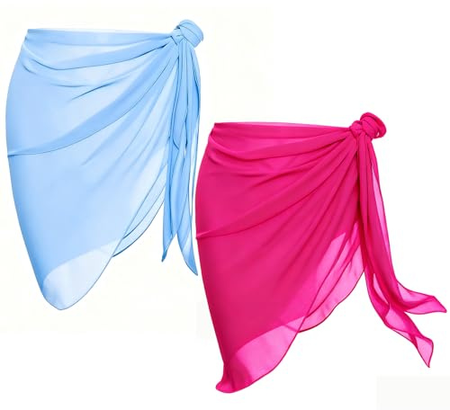 2 Pack Chiffon Beach Cover Ups for Women Lightweight Sarong Wrap Skirt, Bathing Suit Bikini Swimwear Coverup, Summer Beach Accessories (Pink+Blue)