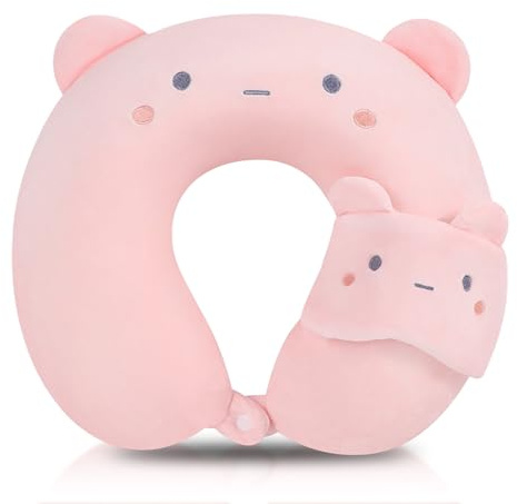 WoRuyKot 2 pcs Cuscino Collo Gatto,cuscino del collo animale del fumetto,Cuscino Da Viaggio Dei Cartoni Animati, Cuscino Da Viaggio Con Cartoni Animati, Aereo, Campeggio, Ufficio e Casa (Orso rosa)