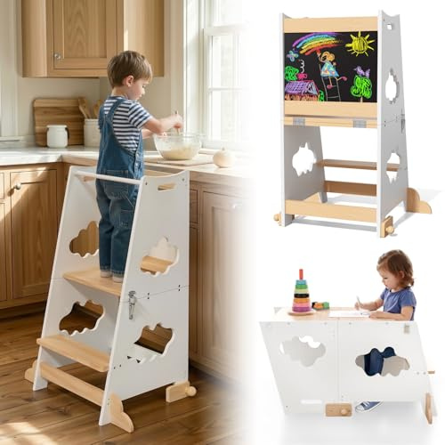 KIDINIX Learning Tower, 3 in 1, Torre di apprendimento Montessori, a partire da 1 anno, con ringhiera di sicurezza e lavagna, pieghevole, per bambini, con funzione tavolo, per cucina, bagno, natura e