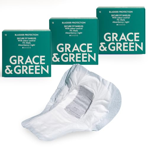 Grace & Green Men's Light Incontinence Bladder Protection Pads 3 x 12 Pack | Male Anatomy Pouch Front, Absorbs 90 ml, 3D Leak Barrier, Bamboo Topsheet, Charcoal Odour Control, Dry Comfort, Non-Bulky
