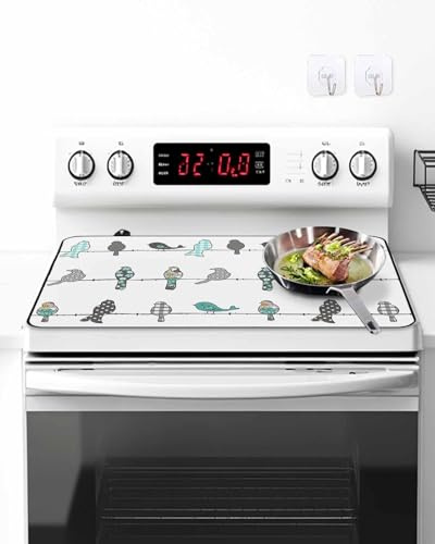 Natural Flower Polka Dot Grid Birds Induction Cooktop Protector Mat,Glass Top Stove Cover Non Slip Pad for Electric Stove Top, Cartoon Birdie on Lines Insulated Kitchen Countertop Cover