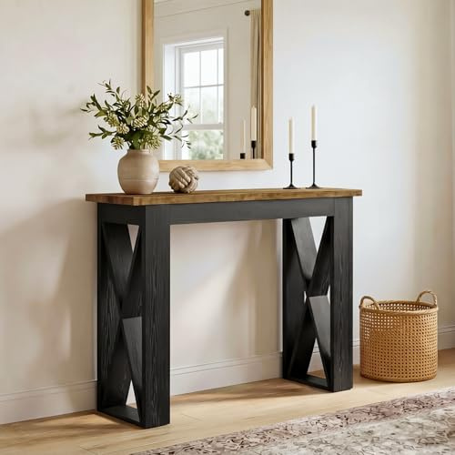 Tribesigns Mesa Consola Estrecha Industrial de 105 cm, Consola de Entrada para Sofá con Patas Metálicas para Salón, Entrada, Cocina, Dormitorio, Marrón Rústico y Negro