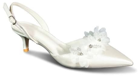 Women's Kitten Heels Pointed Toe Pumps Slingback Bridal Shoes White Elegant Low Heel Wedding Dress Shoes,2