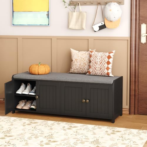 HOME BI Shoe Storage Bench with Cushion, 4 Door Entryway Bench with Padded Seat, 2-Tier Shoe Organizer with Adjustable Shelves, Wooden End of Bed Bench for Bedroom, Hallway,Living Room,Entrance, Black