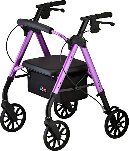 NOVA Star 8 Petite Foldable Rollator Walker, Large Padded Seat, 8” All-Terrain Wheels, Easy-Grip Locking Hand Brakes, Fold Lock, Height Adjustable, Travel-Friendly, Purple