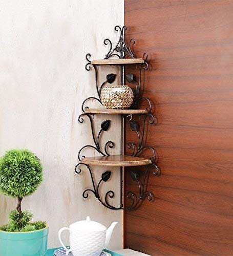 Woodiva Bellissimo scaffale angolare da parete in ferro battuto e legno, 3 ripiani, supporto per ufficio e casa