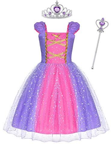 ACWOO Costume Enfant Fille, Costume Princesse Raiponce avec Baguette et Couronne, Tulle Maxi Noël Carnaval Cosplay Robe de Soirée, Reconstitution Historique