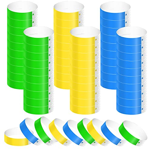 KINBOM 600 Piezas Pulseras Identificativas de Neón, Impermeables Brazalete Papel Pulseras para Eventos Coloridas Pulseras para Fiestas Brazaletes para Eventos Conciertos Ferias(Verde, Amarillo, Azul)