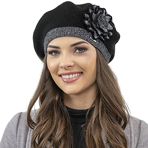 Vivisence Women's Winter Beret Made from Soft and Warm Wool Classic Style and Floral Decoration Ideal for Cold Winter and Autumn Days, Black,UNI
