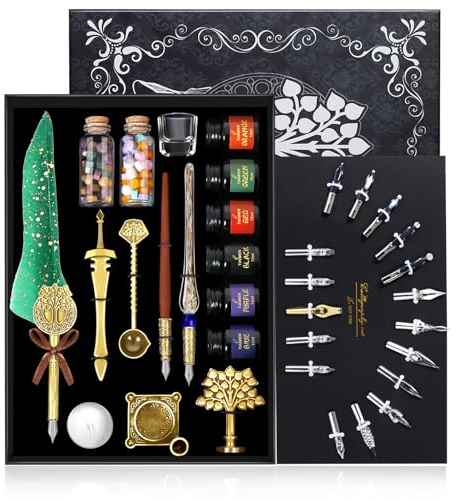 TIANREN Quill Pen and Ink Set,Feather Dip pen with 6 bottles of ink,Calligraphy Pen,Glass Dip Pen,Wax Seal Stamp Kits Birthday&Christmas Gift for Men&Women.(Green)