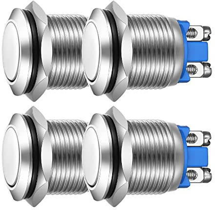 Guuzi Pulsante Momentaneo 4 Pezzi 19mm 3A/250VAC; Pulsante Di Alimentazione Impermeabile 5A/12VAC Piccolo Rotondo In Metallo Inossidabile Cromato 2Pin N/O (Testa Piatta)