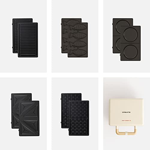 CREATE/STONE STUDIO/Sandwichera-Grill y gofrera doble blanco roto / 5 placas intercambiables: Grill, Gofre, Sandwich, Taiyaki y Tortitas, antiadherente, apertura 100º, autoapagado, retro, 800W