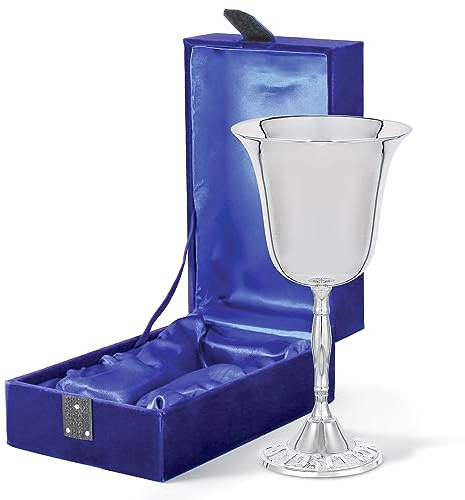 Zion Judaica Classic Silver Plated Kiddush Cup Wine Goblet in a Gift Box 6 High Polished Nickel Plated Stemmed Wine Cup for Passover Seder Shabbat Bar/Bat Mitzvah, Wedding Rosh Hashanah Judaica Gifts
