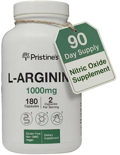 PRISTINE'S L Arginine 1000mg Capsule Supplements for Men & Women - 90 Day Supply Nitric Oxide & Pre Workout Amino Acid Support - Glass Bottle