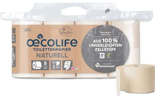 oecolife Toilettenpapier NATURELL, 3-lagig, 8x150 Blatt, superweich, vegan, WC Papier, nachhaltiges Klopapier, Verpacking mit 60% PCR Anteil