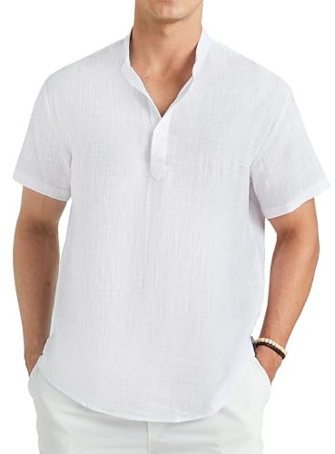 Enlision Mens Linen Shirts Short Sleeve Summer Beach Holiday Henley Shirt Lightweight Plain White Grandad Collar Shirts for Men Button Tops XL