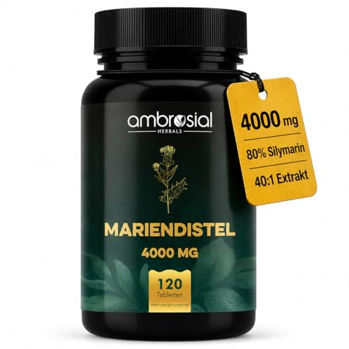 Ambrosial Chardon-Marie 4000 mg | 120 Comprimés Végan de Chardon-Marie | Avec 80% de Silymarine – Extrait 40:1 | Format 2 Mois – Alternative aux Capsules de Chardon-Marie | Sans Gluten & Sans Lactose
