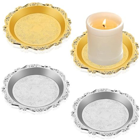Candle Plate 4 Pcs Candle Tray Candle Holders Round Candle Tray Plate Metal Candle Dish for Christmas Halloween Wedding Party Home Decoration