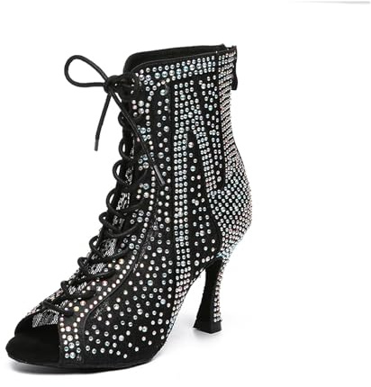 Uonpie Stivali a Rete Strass per Le Donne Scarpe da Ballo Latino con Tacco Alto Stivali,Nero,36EU
