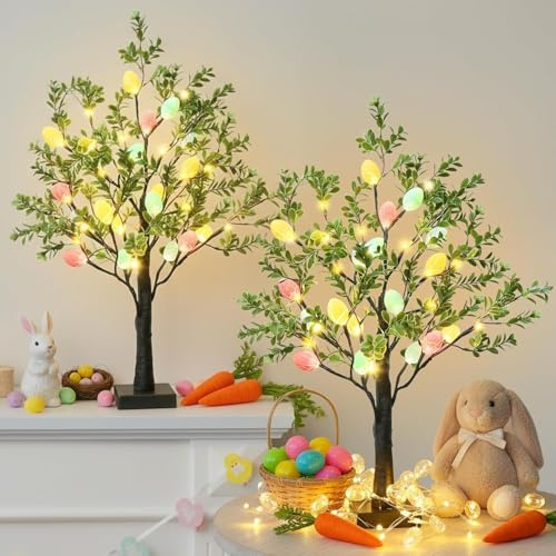 Eambrite Easter Decorations Easter Tree with Eggs, 2Ft Tabletop Tree with 24 Warm White LEDs Battery Operated Light up Easter egg tree For Spring Home Party Decorations(2 Pack)