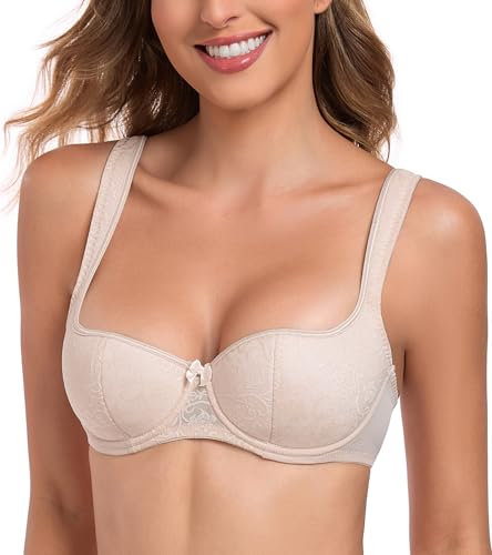 Lemorosy Women's Push Up Balconette Bra Demi Half Cup Lightly Padded Underwired Lace Bralatte(Nude,36C)