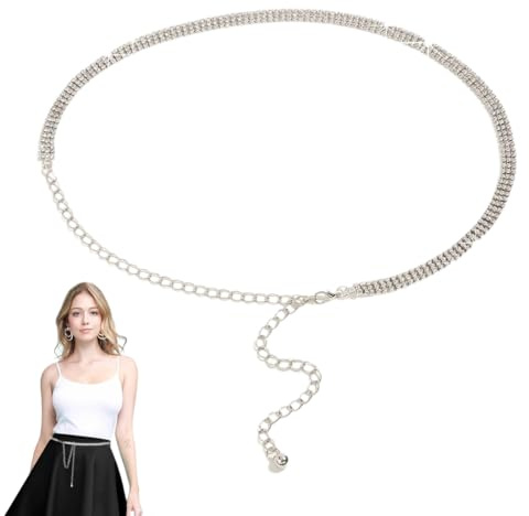 OUDQFCJ Cintura con Strass Brillantini Glitter per Donna, Cintura a Catena in Cristallo per Vita, Elegante per Abito da Sera (Argento)