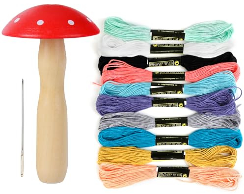 Complete Darning Kit with Wooden Mushroom, Thread, and Needle