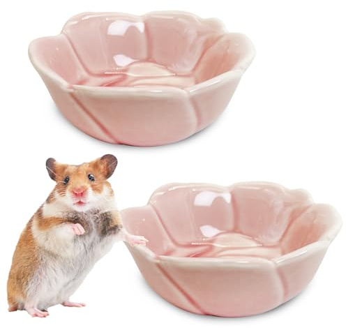 BNOSDM 2 Pcs Hamster Ceramic Food Bowl Flower Series Gerbil Drinking Bowls Anti-Turning Food & Water Dish for Dwarf Syrian Hamsters Gerbil (Pink, Rose Pattern, 3.74“ x3.74“ x1.77“)