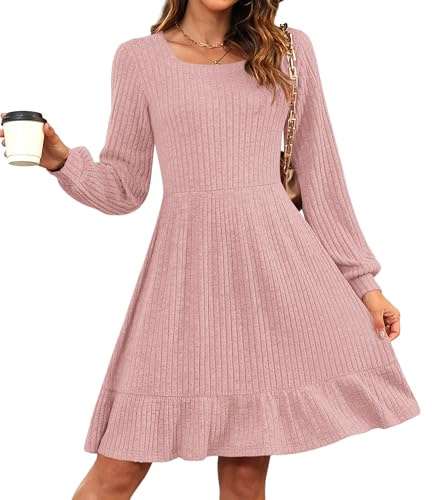 AUSELILY Jumper Dress for Women UK Autumn Winter Knitted Elegant Dress Long Sleeve Sweater Dresses Pink