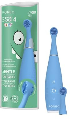 FOREO ISSA 4 Baby – Cepillo de dientes sónico de silicona para bebés y niños pequeños, cerdas ultrasuaves, masaje encías, temporizador LED, recargable USB, cepillo viaje impermeable - Bubble Blue