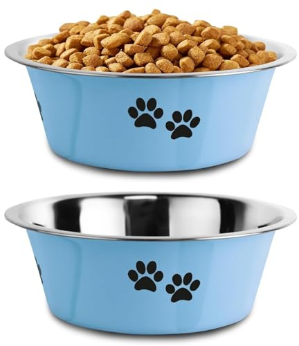 SUOXU Lot de 2 Gamelles pour Chiens en Acier Inoxydable (Bleu, 860ML), Fond en Caoutchouc Antidérapant, Gamelles en Métal Anti-déversement pour Chiens de Grande, Moyenne