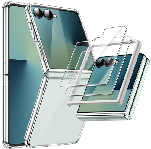 JETech 3 en 1 Funda para Samsung Galaxy Z Flip 7 2025 con 2 Protectores Pantalla Frontal Vidrio Templado, Claro Cristal, Caparazón PC Dura Transparente Anti-Arañazos (Transparente)