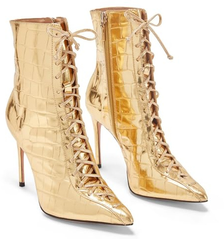 Botines de Tacón Alto con Cordones y Punta Puntiaguda para Mujer Botines Cortos con Cremallera Lateral para Vestido de Noche Zapatos Cómodos de Tacón Medio para Fiesta,Oro,45 EU
