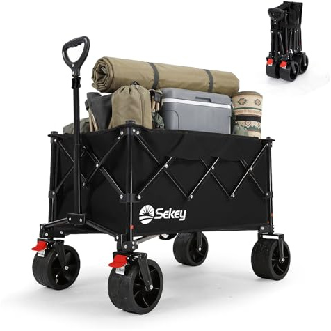 Sekey Heavy Duty Festival Trolley 150KG Load, Folding Camping Trolley 135L, All-Terrain Beach Wagon (7kg Lightweight) with 8.5cm Wide Wheels & Dual Brakes, Pull Along Cart, Black