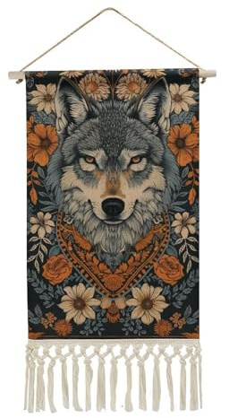 Jubonexis Arazzo da parete in lino, maestoso lupo tribale fiori vintage poster da parete con nappa e asta in legno