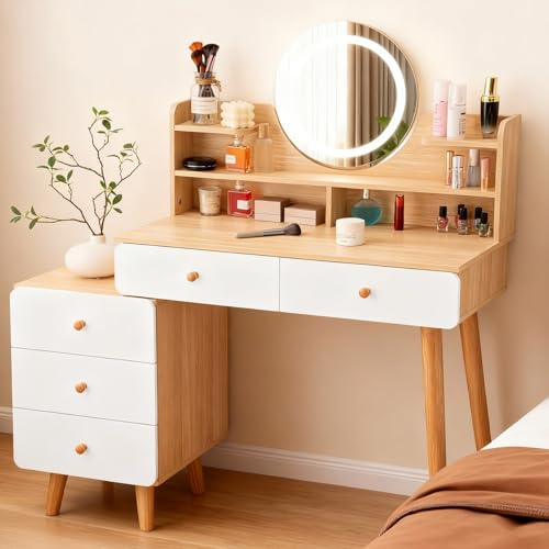 Coiffeuse avec Miroir LED, 3 Couleurs, Table de Maquillage avec 5 Tiroirs et 3 Étagères, Meuble Chambre avec Rangement, Bois et Blanc, Style Moderne, 80 cm - 100 cm Longueur, Blanc et Bois